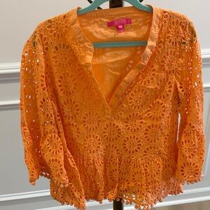 Lilly Pulitzer Vibrant Orange Eyelet Blouse with Pom Pom details size medium